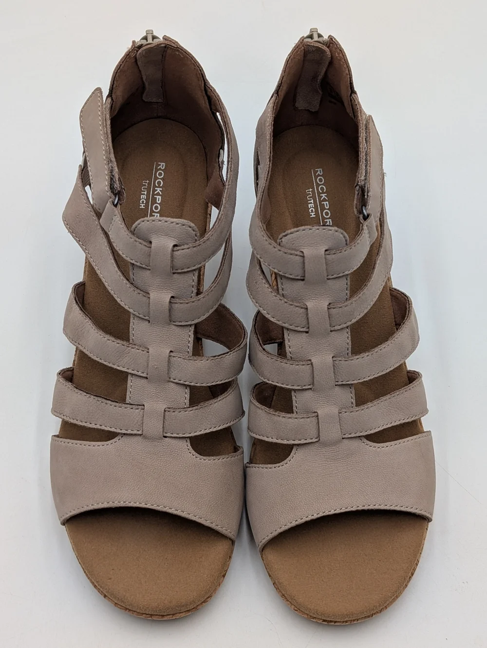 Rockport Briah Gladiator Sz 10 truTECH Taupe Strappy Cork Wedge Sandals Back Zip